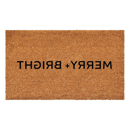 17" X 29" Brown And Black Christmas Merry and Bright Outdoor Coir Door Mat