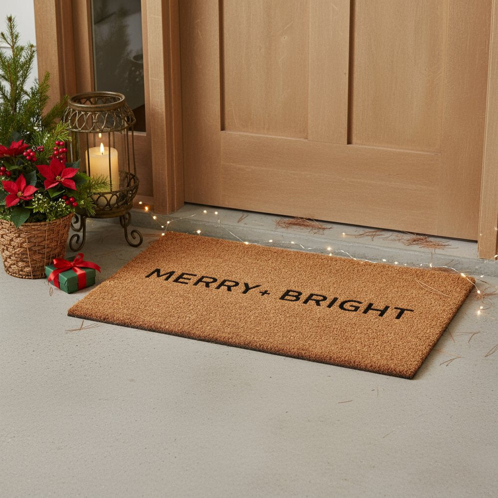 17" X 29" Brown And Black Christmas Merry and Bright Outdoor Coir Door Mat