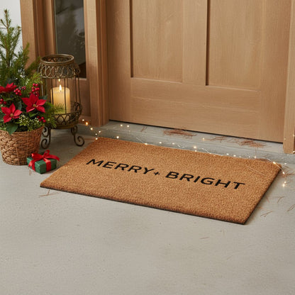 17" X 29" Brown And Black Christmas Merry and Bright Outdoor Coir Door Mat