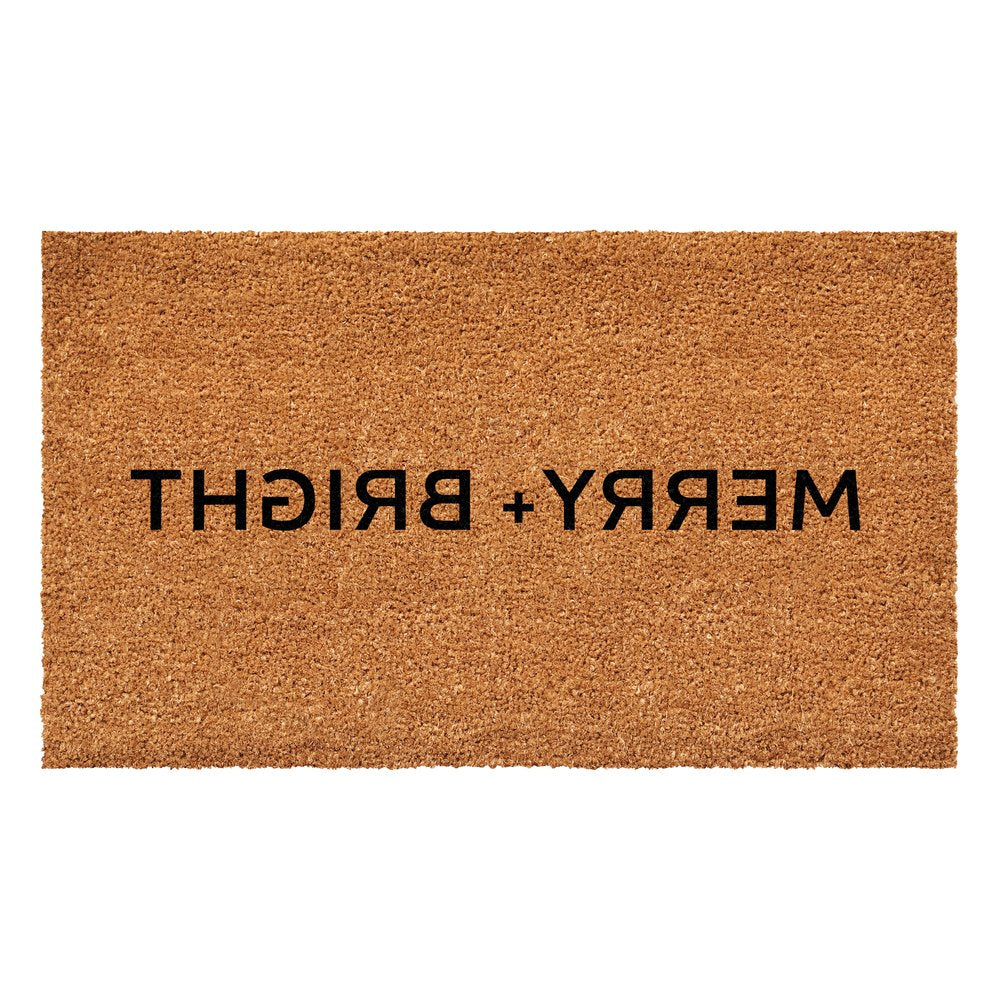 24" X 36" Brown And Black Christmas Merry and Bright Outdoor Coir Door Mat