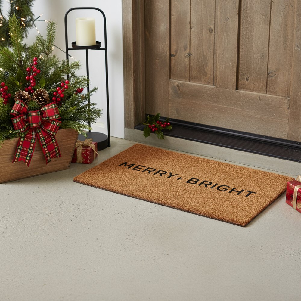 24" X 36" Brown And Black Christmas Merry and Bright Outdoor Coir Door Mat