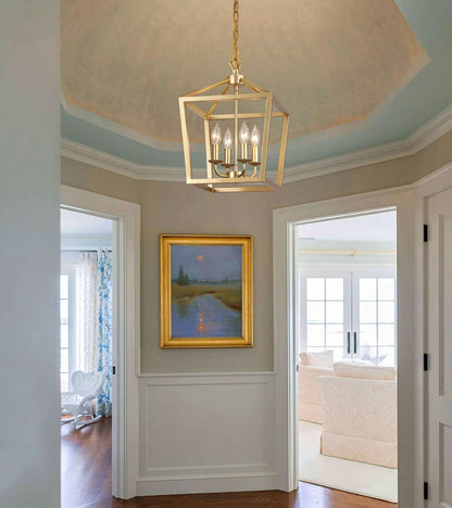 Gold Lantern Chandelier Hanging Pendant Light Fixture 4-Lights for