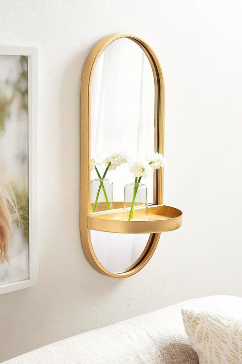 Estero Modern Metal Oval Mirror with Rounded Shelf, 11 X 25, Gold,