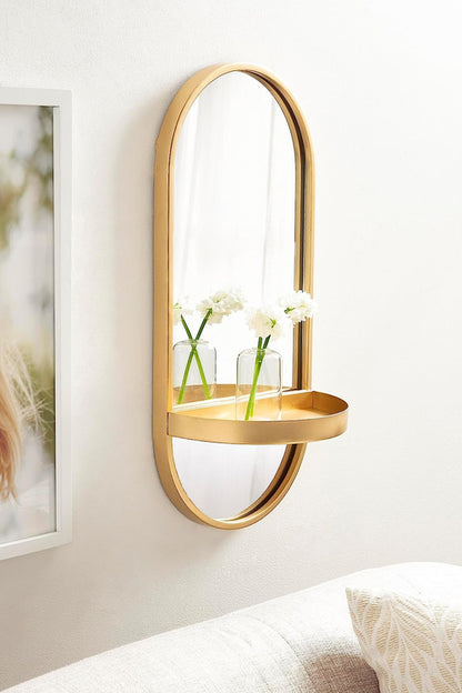 Estero Modern Metal Oval Mirror with Rounded Shelf, 11 X 25, Gold,
