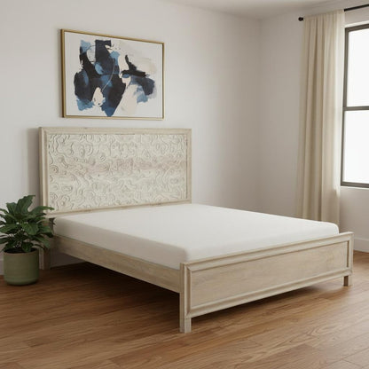 Gray Carved Abstract Solid Wood King Bed Frame