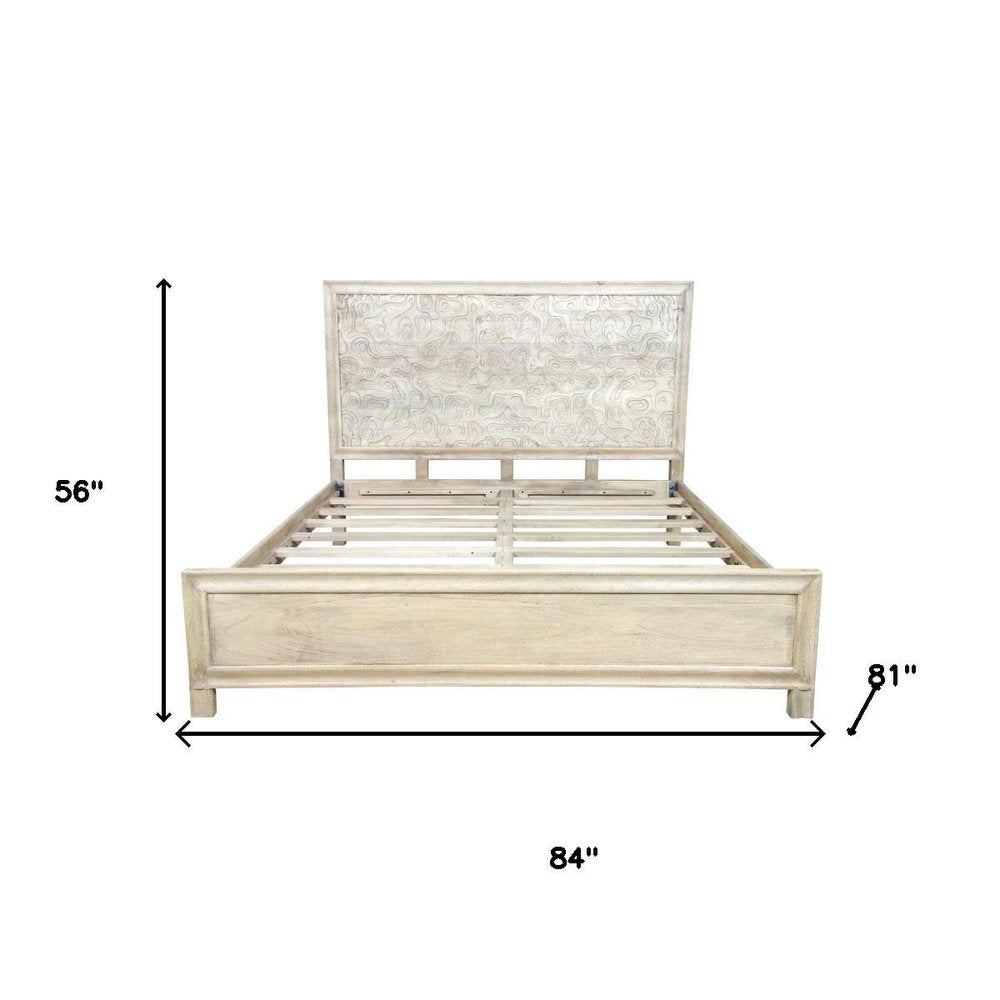Gray Carved Abstract Solid Wood King Bed Frame