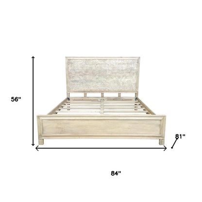 Gray Carved Abstract Solid Wood King Bed Frame