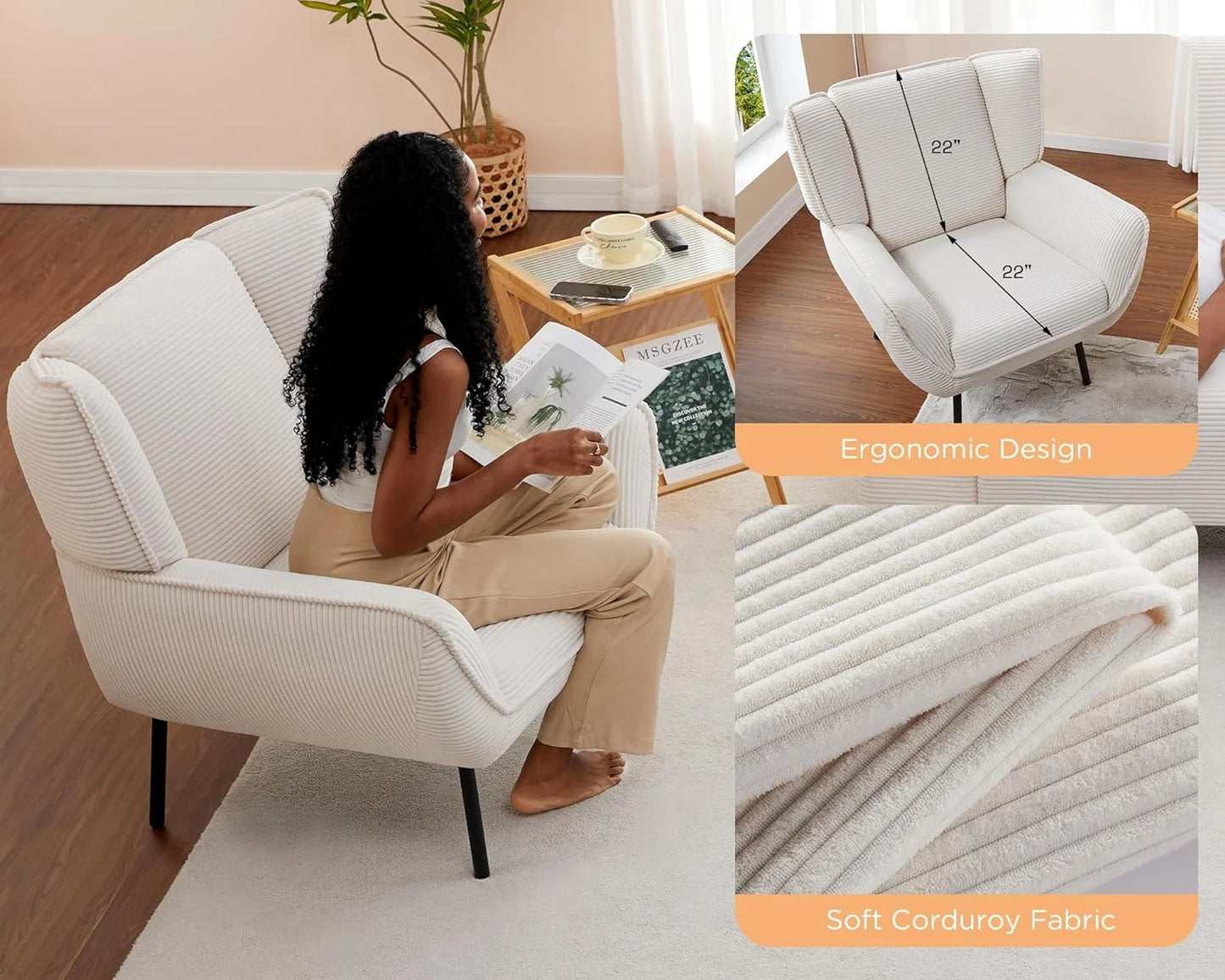 Chair Set- Upholstered Living Room Chair with High Wingback, White Corduroy Chair Set of 3