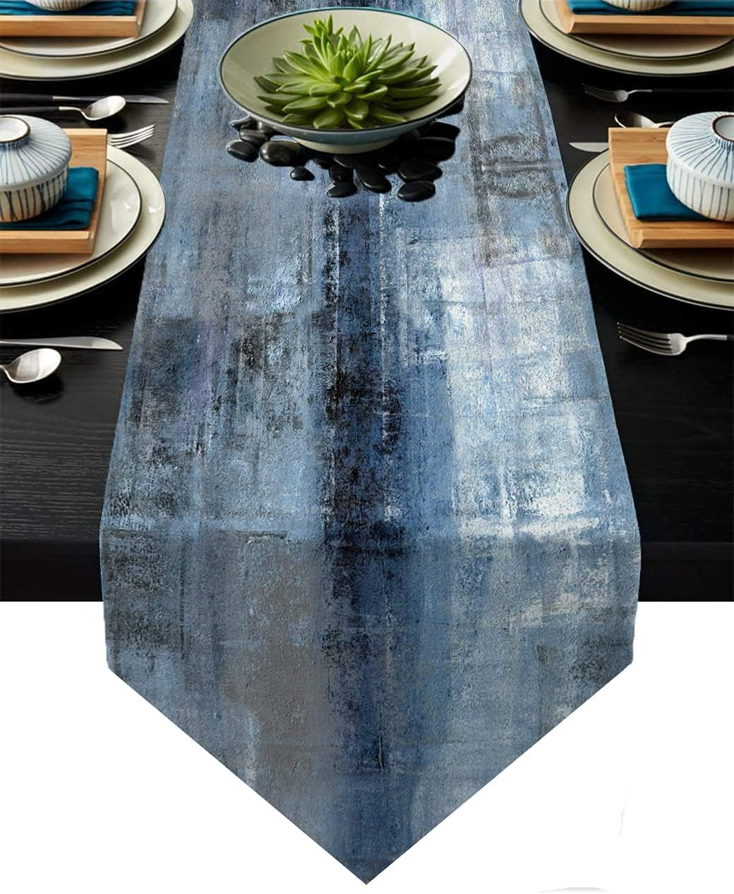 Blue and Grey Table Runner,Abstract Modern Art Burlap Table Runners for Table Dresser Runner Farmhouse Style for Dinner Party Holidays Home Decoration (Blue Grey, 13"X 71")
