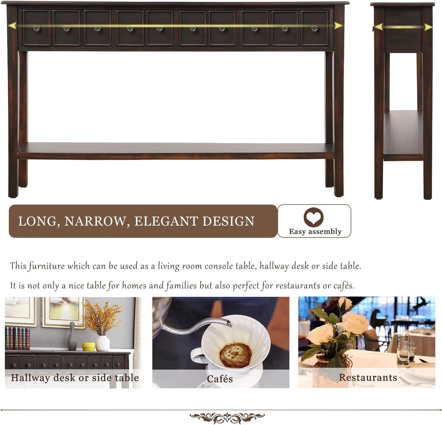 Rustic Console Table with Drawers and Shelf