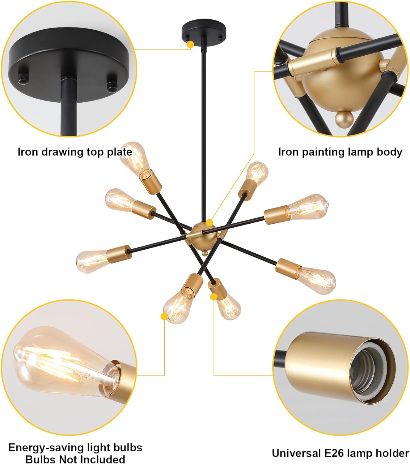 8 Lights Dining Room Light Fixtures Modern Sputnik Chandelier Black