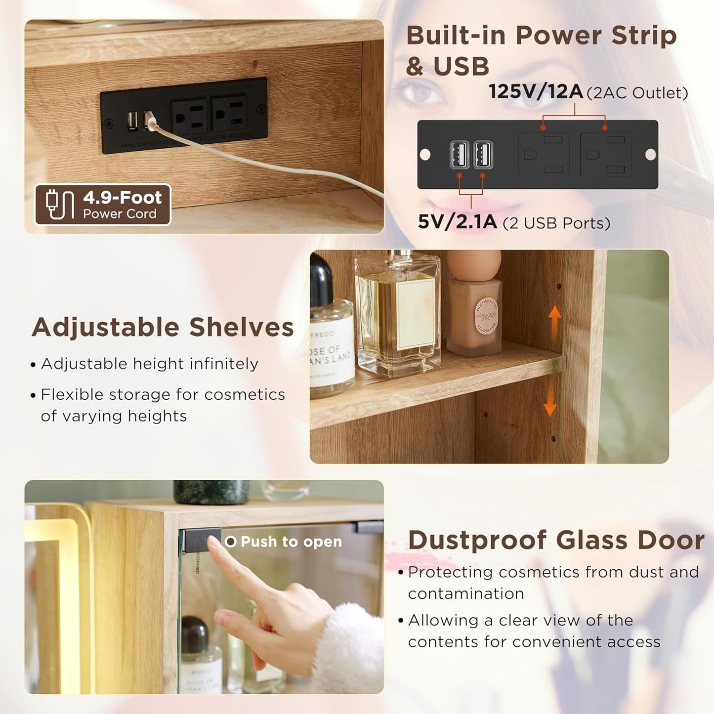 48" Fluted Makeup Vanity Desk with Large 36" Mirror and Lights, Modern