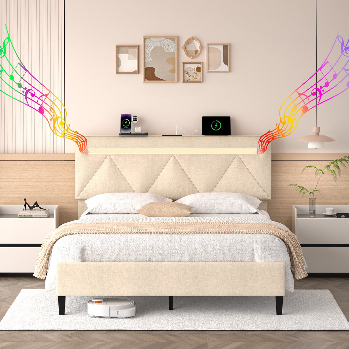 Queen Bed Frame with Headboard,Upholstered Platform Bed Frame Queen Size with Charging Station & LED Lights,Mattress Foundation with Wooden Slats Support,No Box Spring Needed,Noise Free,Easy Assembly