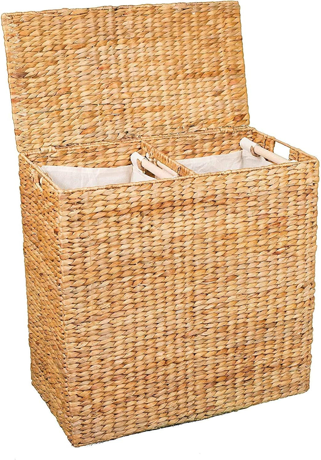 BIRDROCK HOME Handwoven Double Laundry Hamper | Removable Liner Bags | Laundry Basket with Lid - College Dorm Room Essentials, Bathroom, Bedroom, Home Clothes Storage, Organization | Natural