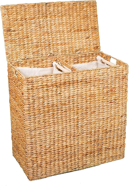 BIRDROCK HOME Handwoven Double Laundry Hamper | Removable Liner Bags | Laundry Basket with Lid - College Dorm Room Essentials, Bathroom, Bedroom, Home Clothes Storage, Organization | Natural
