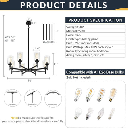 Black Chandeliers for Dining Room Light Fixture, Modern Farmhouse