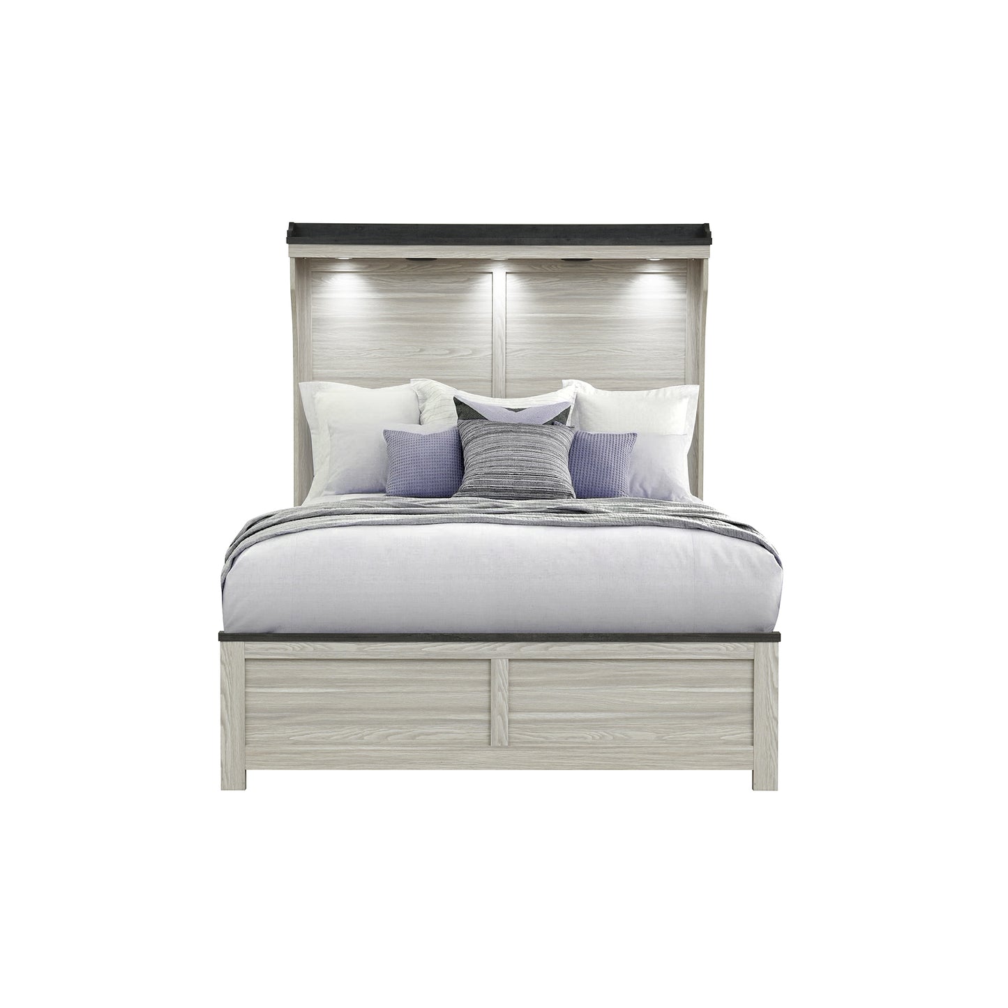 Augusta Brown Queen Bed with Panel Style Headboard and Low Profile Design in Beige+Brown Wood