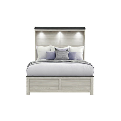 Augusta Brown Queen Bed with Panel Style Headboard and Low Profile Design in Beige+Brown Wood