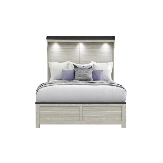 Augusta Brown Queen Bed with Panel Style Headboard and Low Profile Design in Beige+Brown Wood