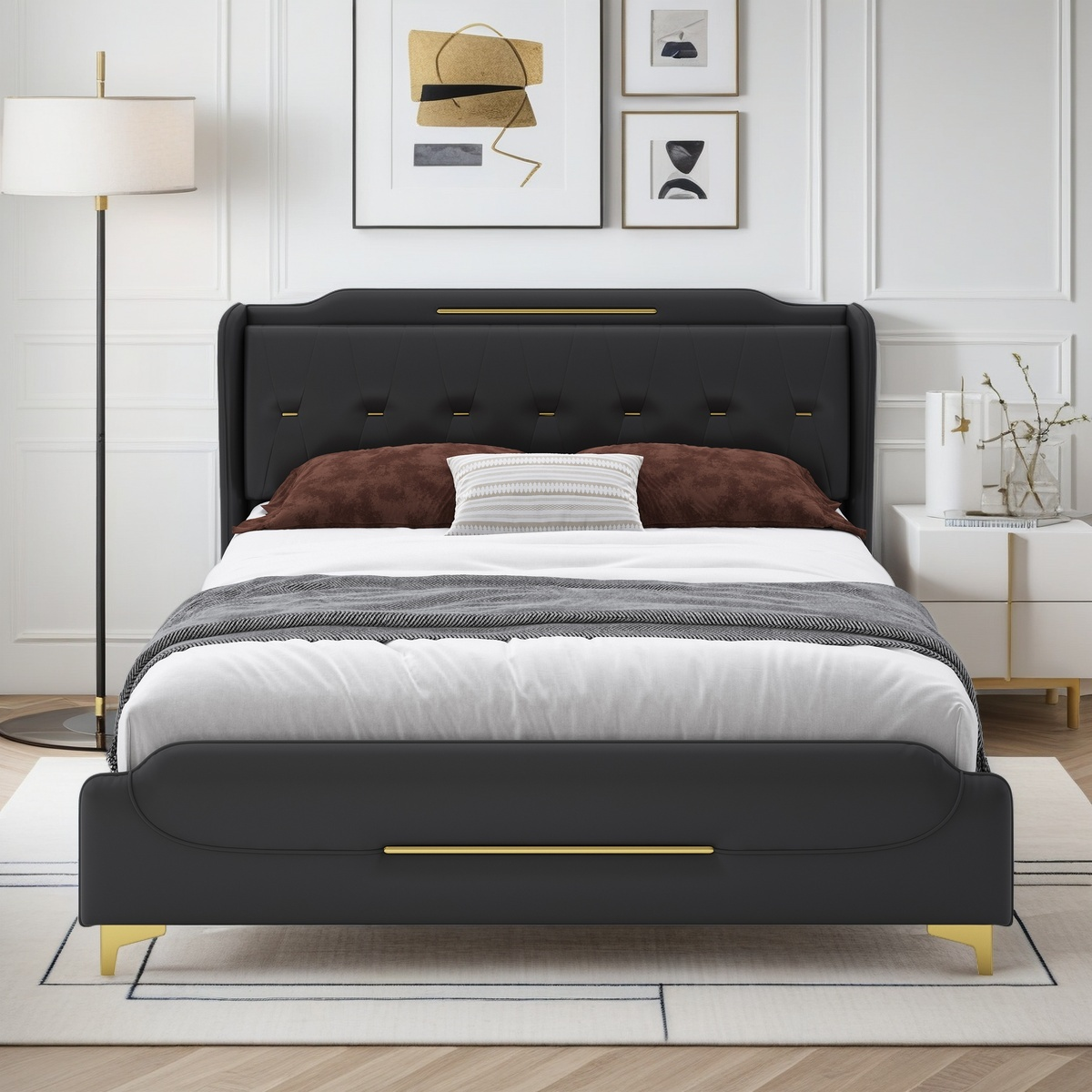 King Size Leather Bed frame with Wingback Headboard & Footboard, PU Upholstered Platform bed, Solid Wooden Slats Support, Easy Assembly