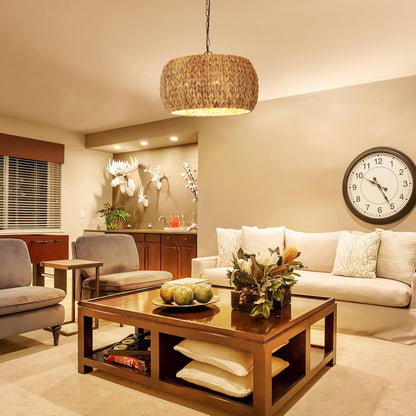 Farmhouse Rattan Boho Chandelier Rustic Pendant Lighting Fixture Ceiling Mounted