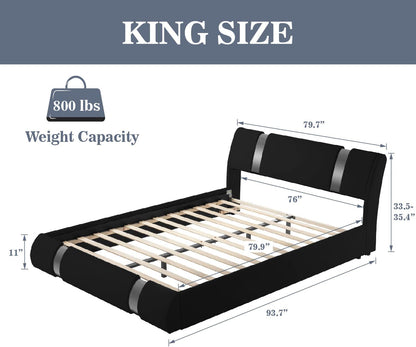Black King Faux Leather Upholstered Platform Bed Frame W/ Iron Piece