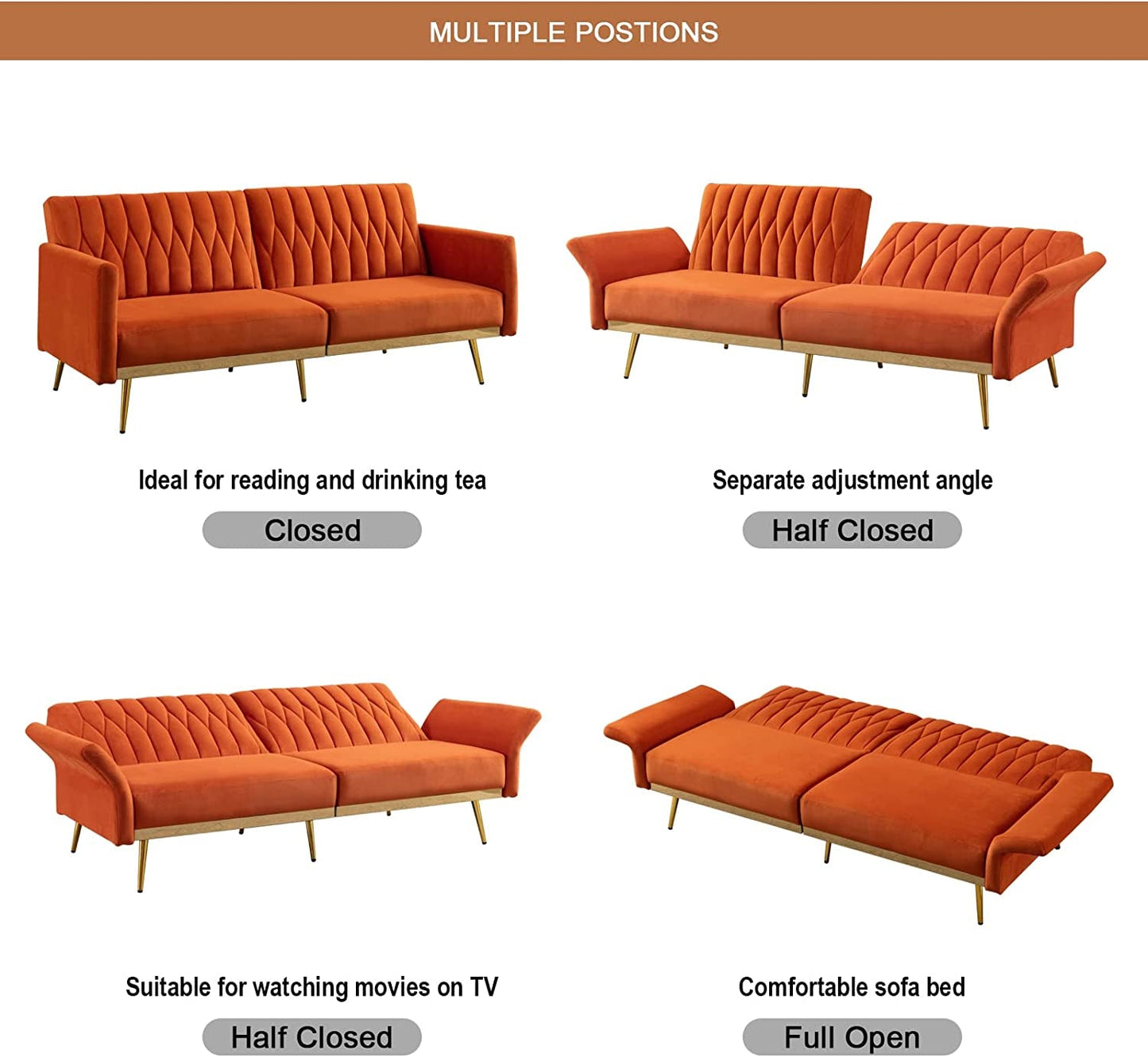 Orange Velvet Convertible Sofa Bed with Metal Legs