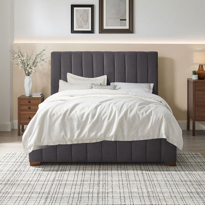 Queen Size Modern Design Bed Frame Upholstered Queen Bed Frame Platform with Headboard Fabric Headboard Wooden Slats Support, No Box Spring Needed,Mattress Foundation,Dark Grey
