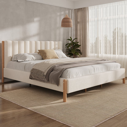Bed Frame with Boucle Upholstered Thick Headboard and Solid Wooden Legs