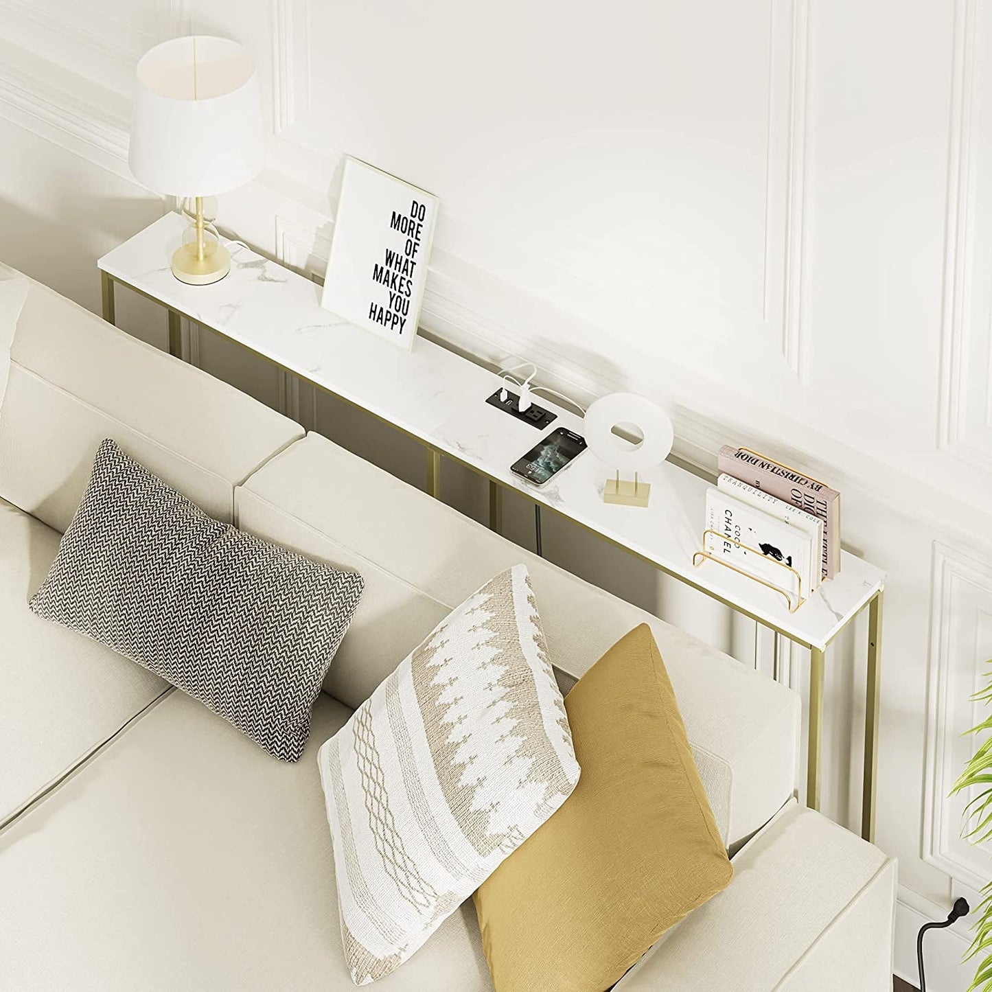 Modern Console Table with Power Outlet and Gold Frame