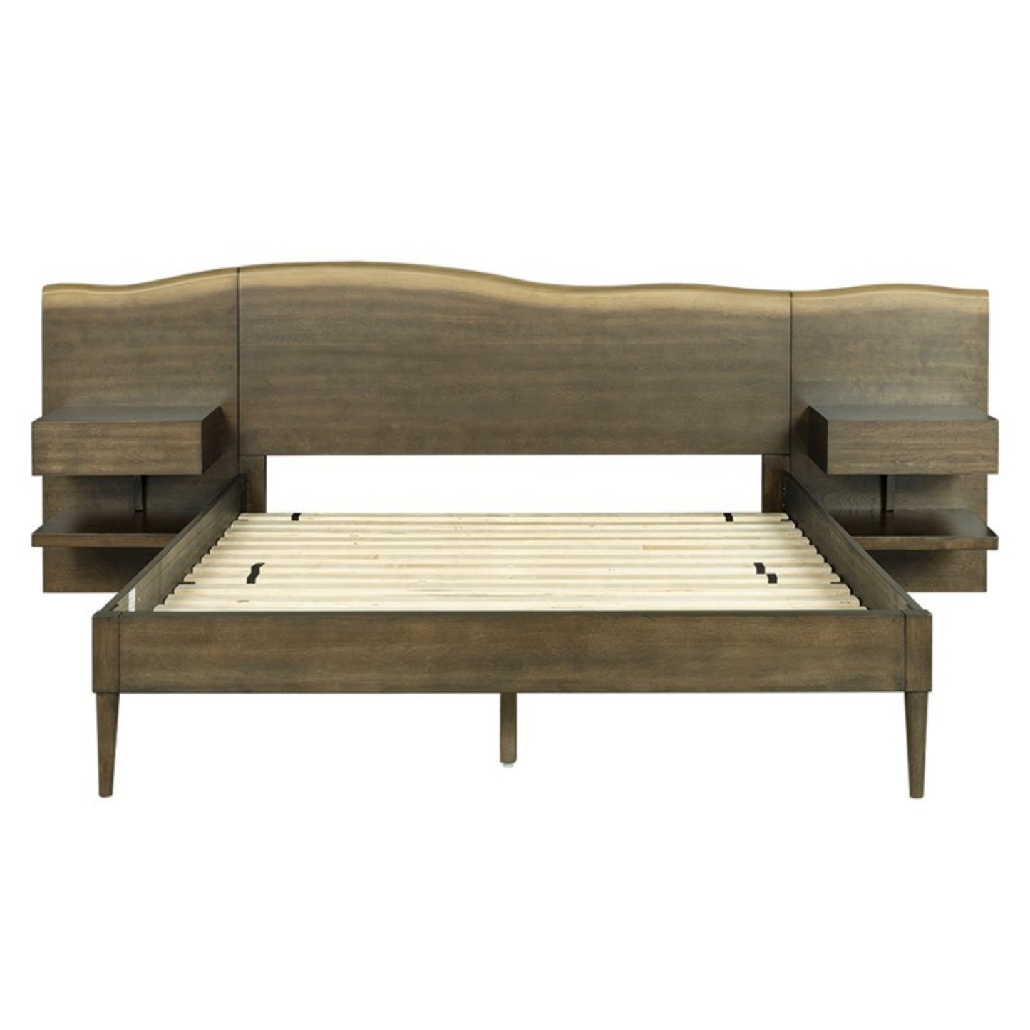 Rustic Platform Bed Frame with Live-Edge Headboard, Built-in Nightstands, Dark Coffee Finish, Queen Size