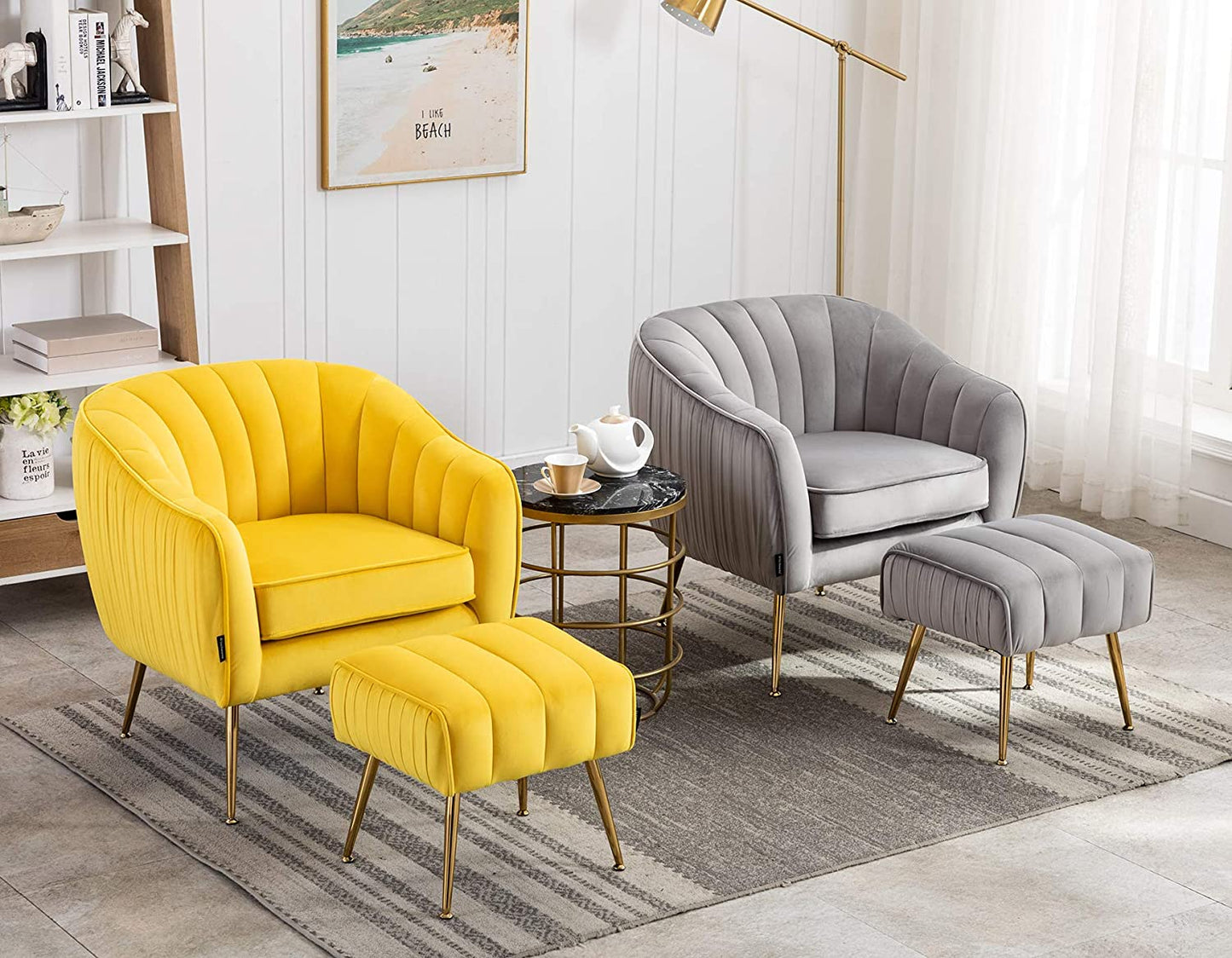 Artechworks Velvet Modern Tub Barrel Arm Chair Upholstered Tufted with Gold Metal Legs Accent Club Chair with Ottoman Footrest for Living Reading Room Bedroom, Grey