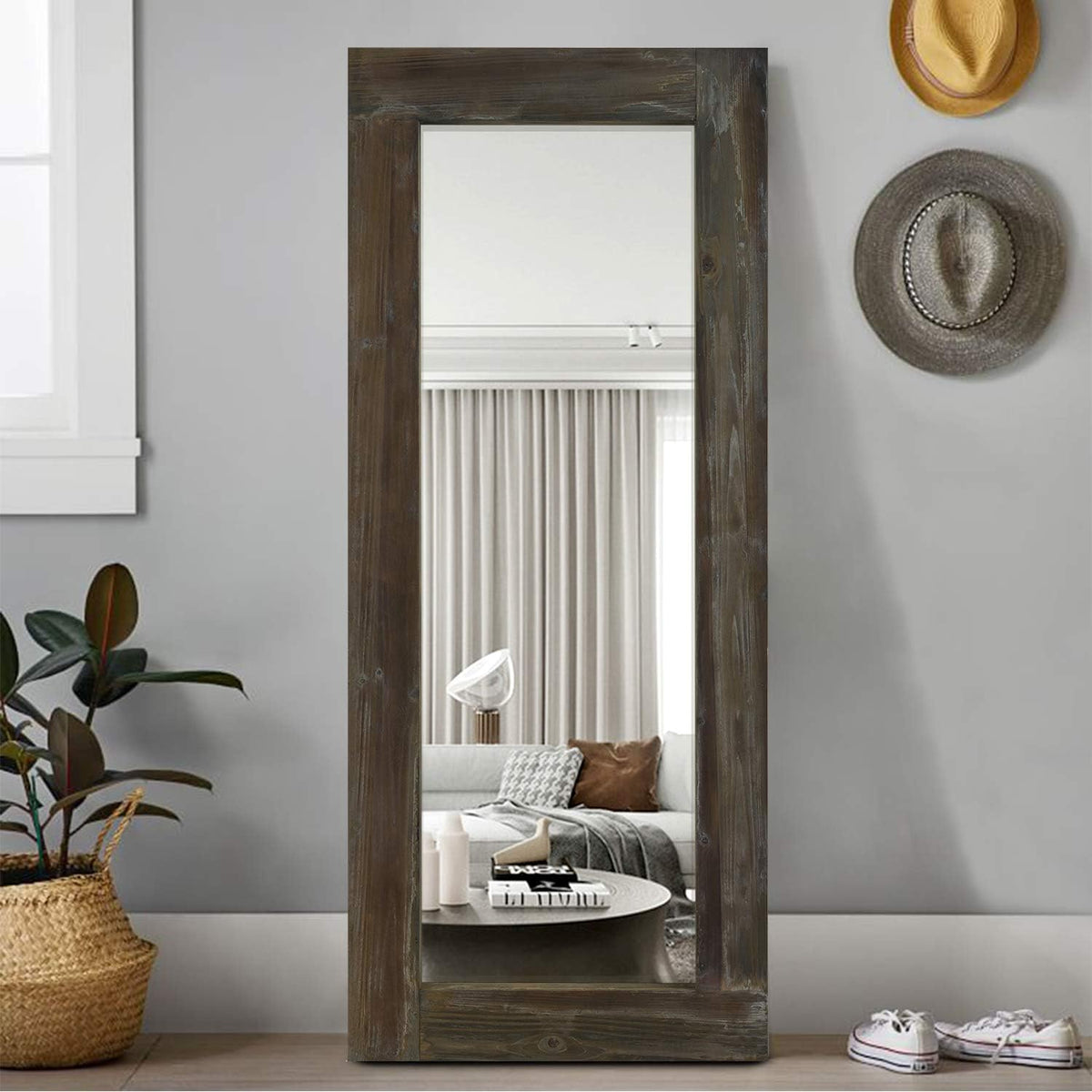 KIAYACI Arched Floor Mirror Wood Frame Wall Mounted Mirror Distressed Style Wide Frame Dressing Make up Mirror for Bathroom/Bedroom/Living Room/Dining Room/Entry/Farmhouse (Light Gray, 64" X 21")…
