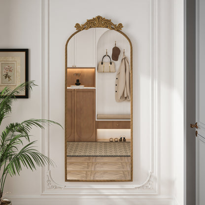 58'x24' Arched Full Body Mirror with Vintage Ornate Carved Applique on Top, Hanging Wall Mounted Mirror, for Living Room Bedroom Retro Home Decor Mirror, Bronze