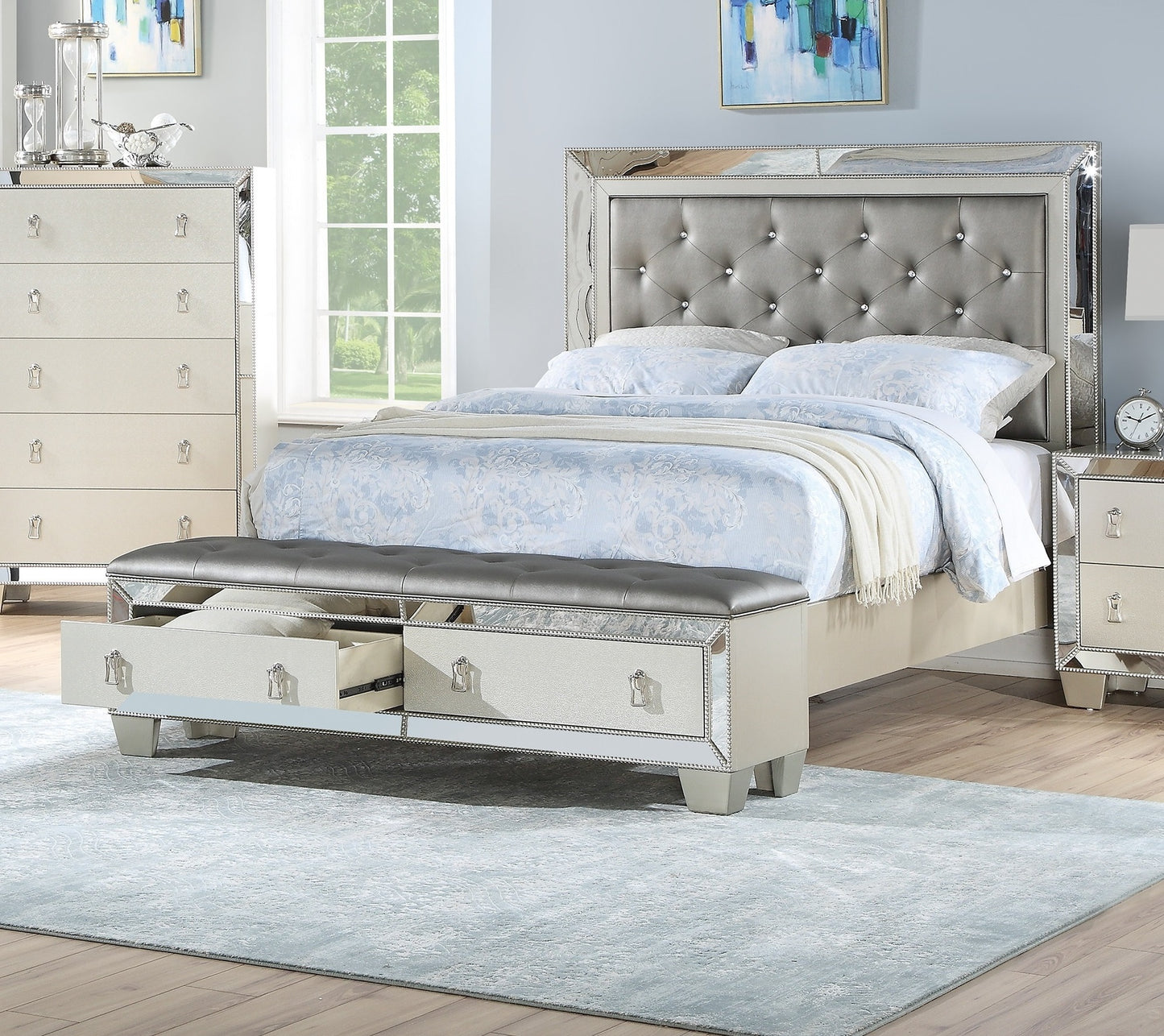 Glam Luxurious 1pc Eastern King Size Bed w Drawers Footboard Silver Mirror Accents Tufted Headboard Bedroom Furniture