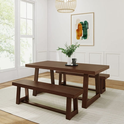 Farmhouse Solid Wood Dining Table Set with 2 Benches, Walnut