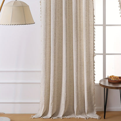 Elegant Beige Sheer Curtain with Tassel Vintage Style