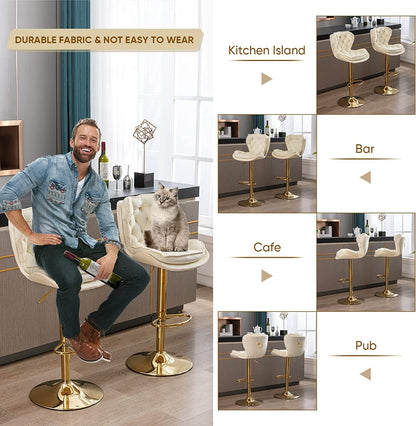 Adjustable Velvet Barstools with Swivel Base, Set of 2