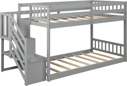 Twin over Twin Junior'S Low Bunk Bed, Storage Stairs, Wood, Grey