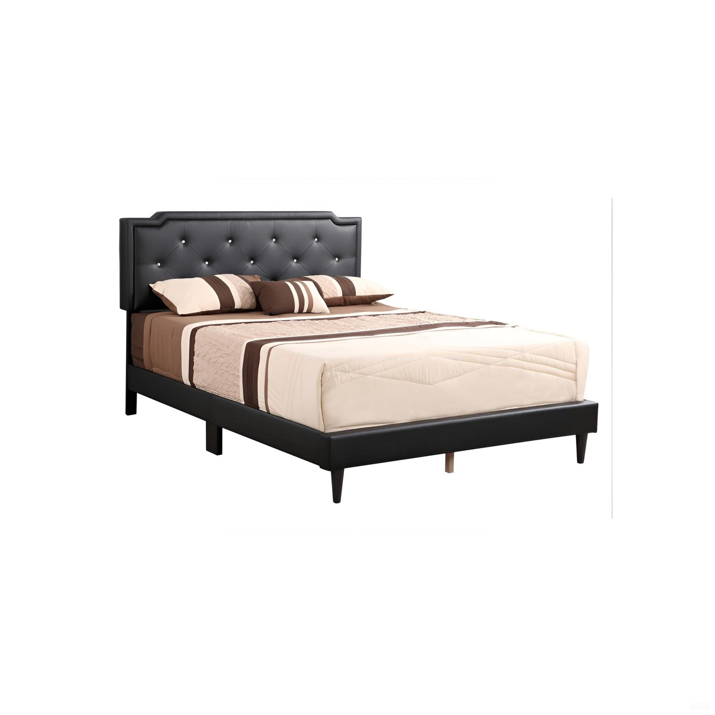Elegant Black Queen Bed with Tufted Headboard and Adjustable Height in PU Material