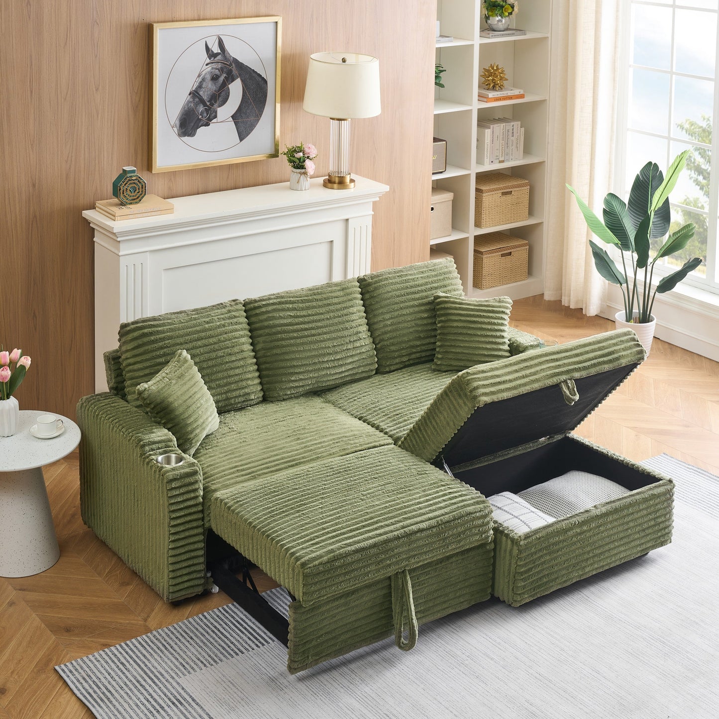 An 80-inch foldable and hidden chaise longue with cup holders, a