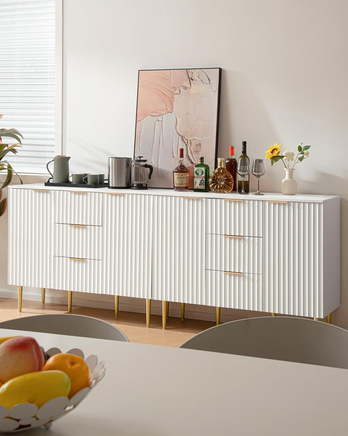 White Sideboard Cabinet with 3 Drawers, Glossy Fluted Buffet Storage