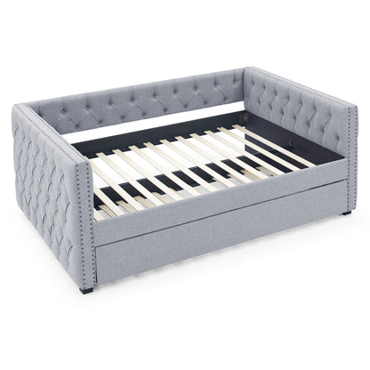 Upholstered Tufted Daybed Sofa Bed with Trundle and Convertible Design