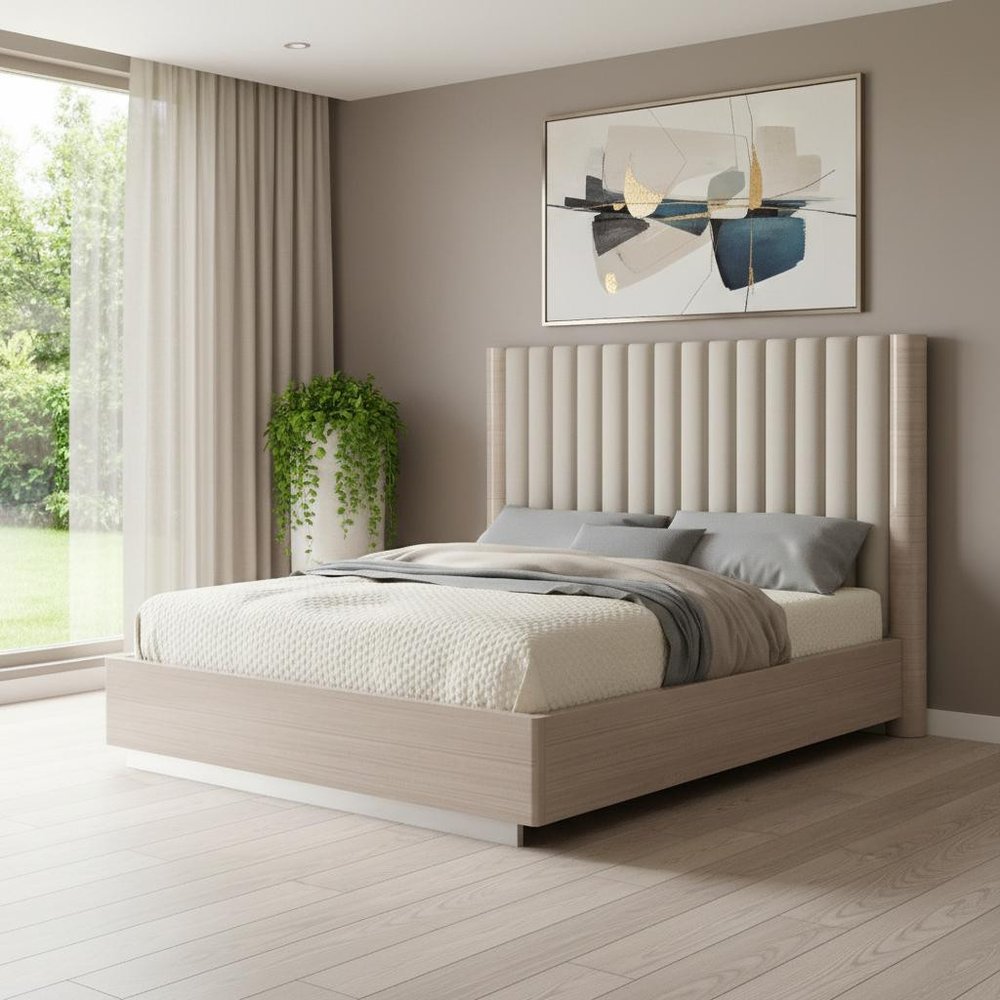 Beige Wood And Tufted Linen Blend Upholstered Queen Bed Frame