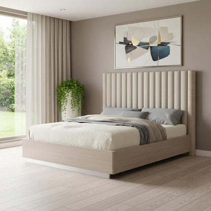 Beige Ribbed Texture Wood And Tufted Linen Blend Upholstered Queen Bed Frame