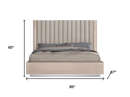 Beige Ribbed Texture Wood And Tufted Linen Blend Upholstered Queen Bed Frame