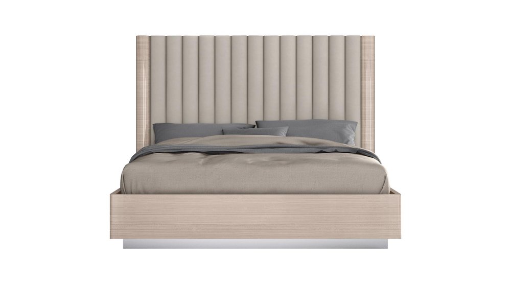 Beige Ribbed Texture Wood And Tufted Linen Blend Upholstered Queen Bed Frame