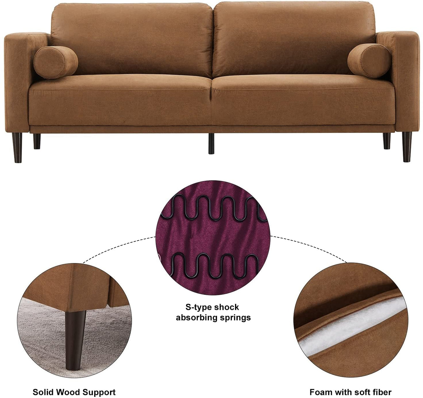 Mid-Century Faux Leather Sofa Couch (Brown)