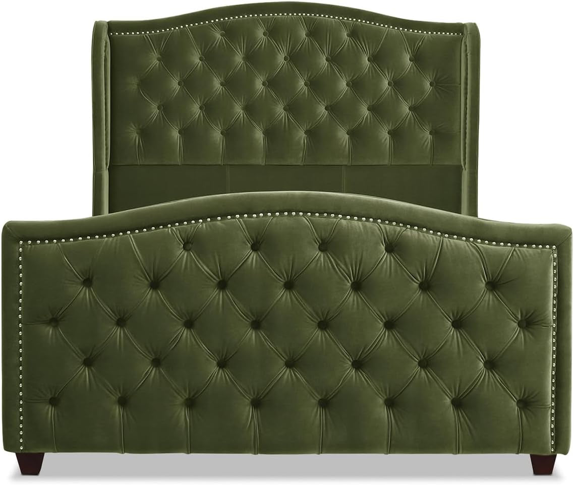 Jennifer Taylor Home Marcella Upholstered Shelter Headboard Bed Set, Queen, Olive Green Performance Velvet