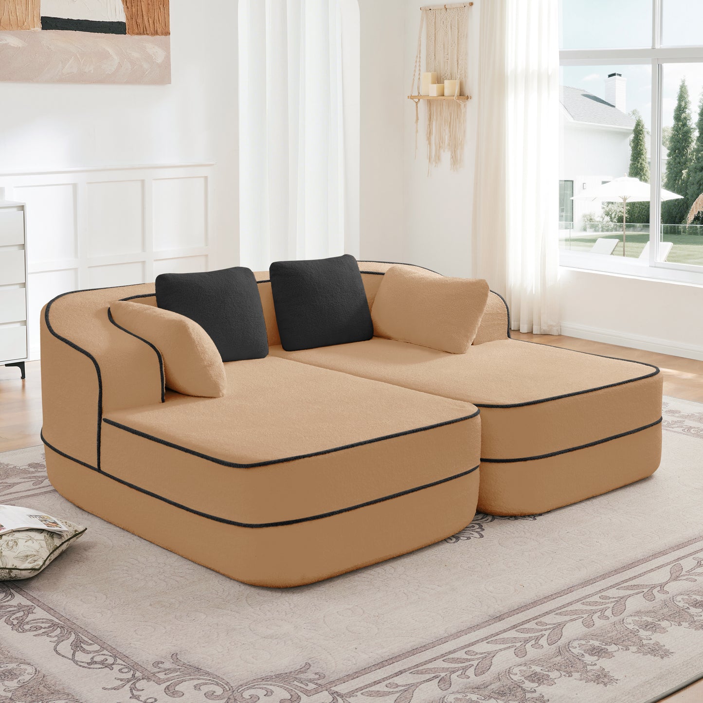 77.2' Teddy Fabric No Assembly  32D High Density sponge Boneless Sofa,Fluffy Comfy Couch with double Chaises,Sleeper sofa,Contrast color design,Symmetrical aesthetics,for Living Room,Camel